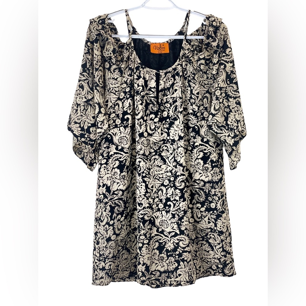 Voom by Joy Han Black Cream Paisley Boho Midi Dress Size M